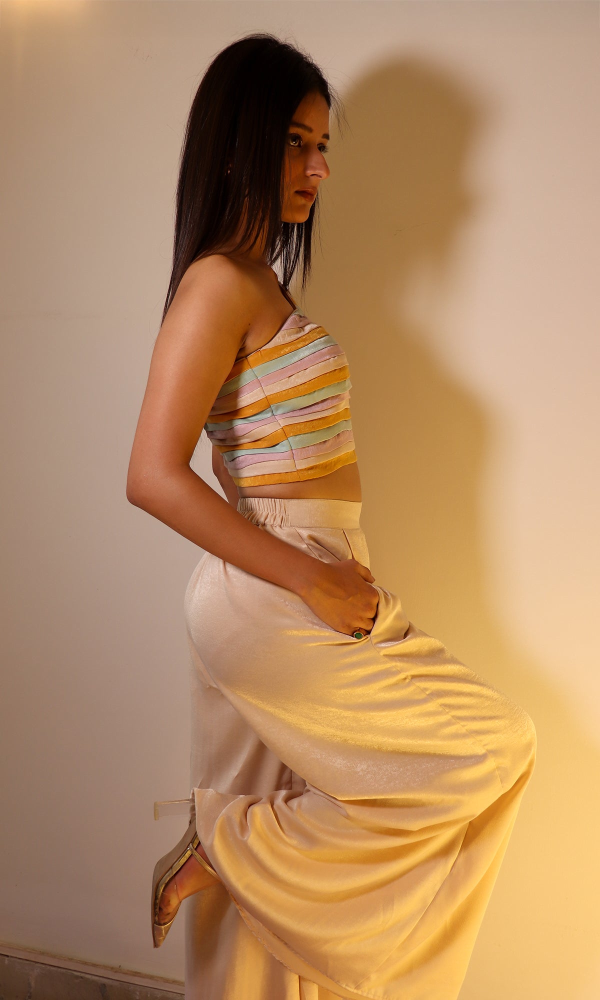 Caroline: Multi-Coloured One Shoulder Top with Pants (Set of 2)