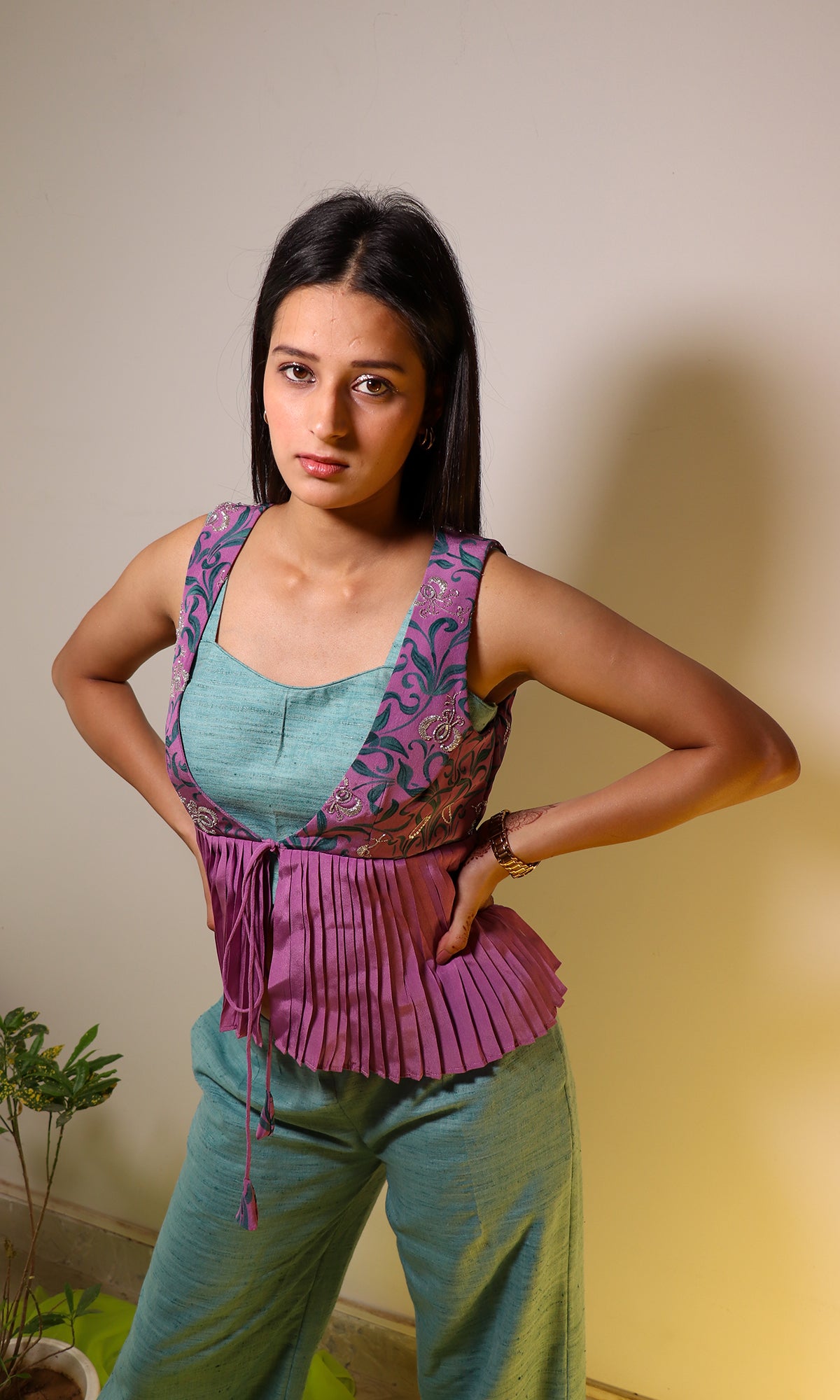 Jasmine- Teal Co-Ord Set with Embroidered Peplum Jacket (Set of 3)