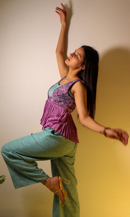 Jasmine- Teal Co-Ord Set with Embroidered Peplum Jacket (Set of 3)