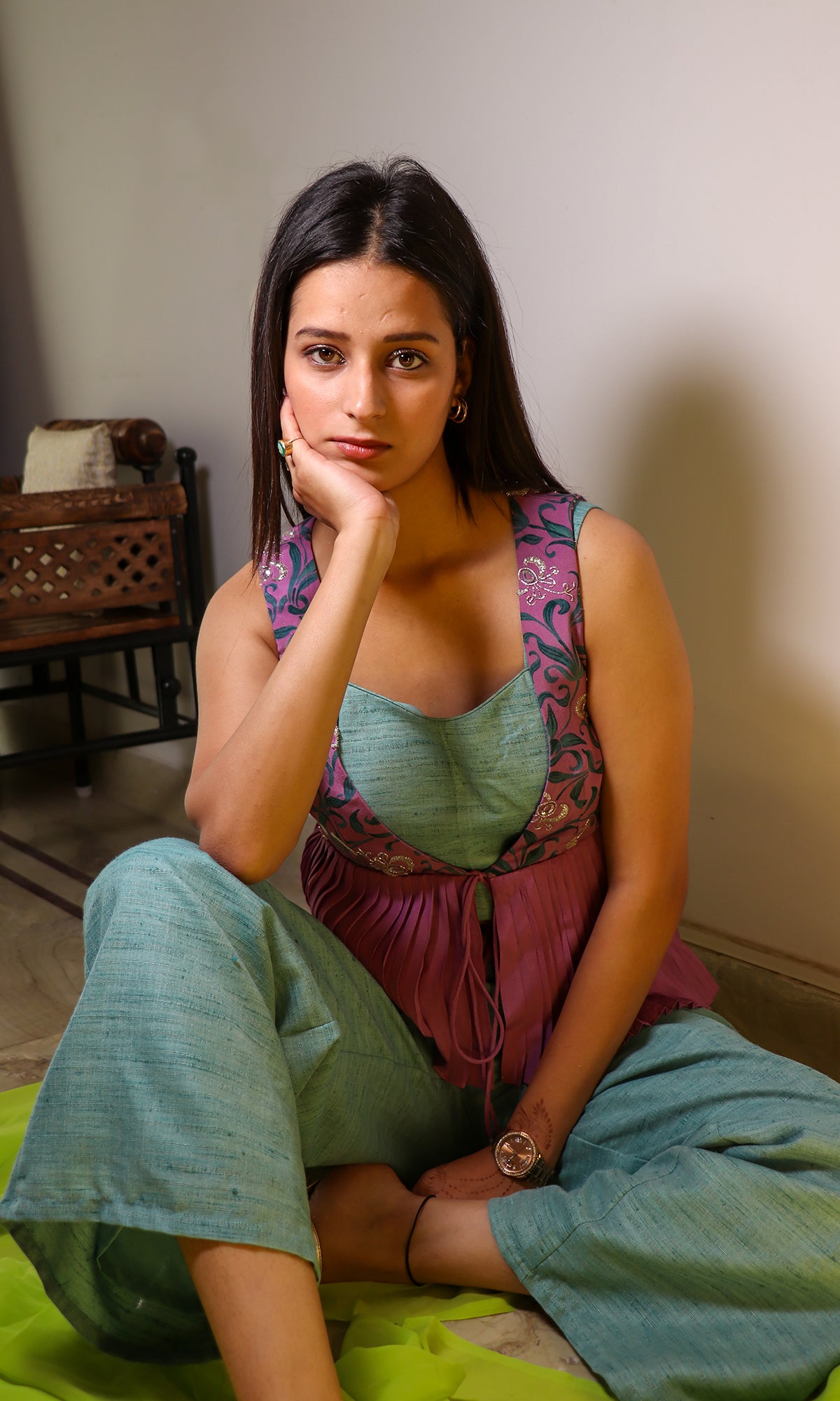 Jasmine- Teal Co-Ord Set with Embroidered Peplum Jacket (Set of 3)