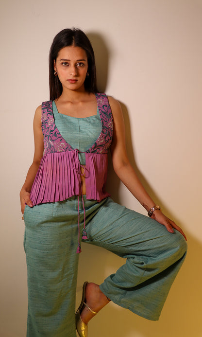 Jasmine- Teal Co-Ord Set with Embroidered Peplum Jacket (Set of 3)