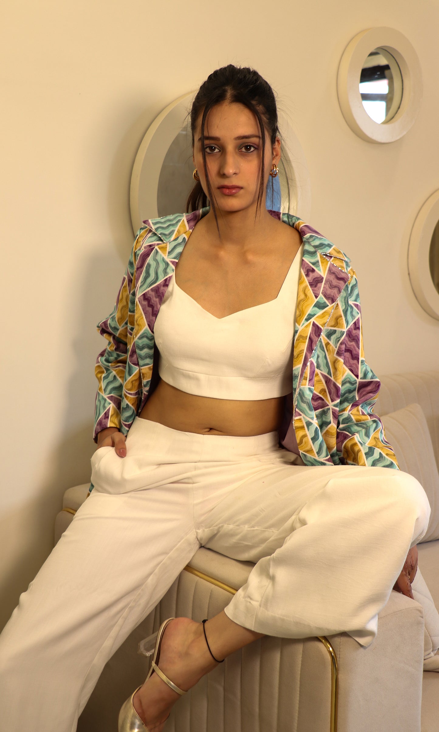 Cassidy: White Co-ord Set with Printed Coat (Set of 3)