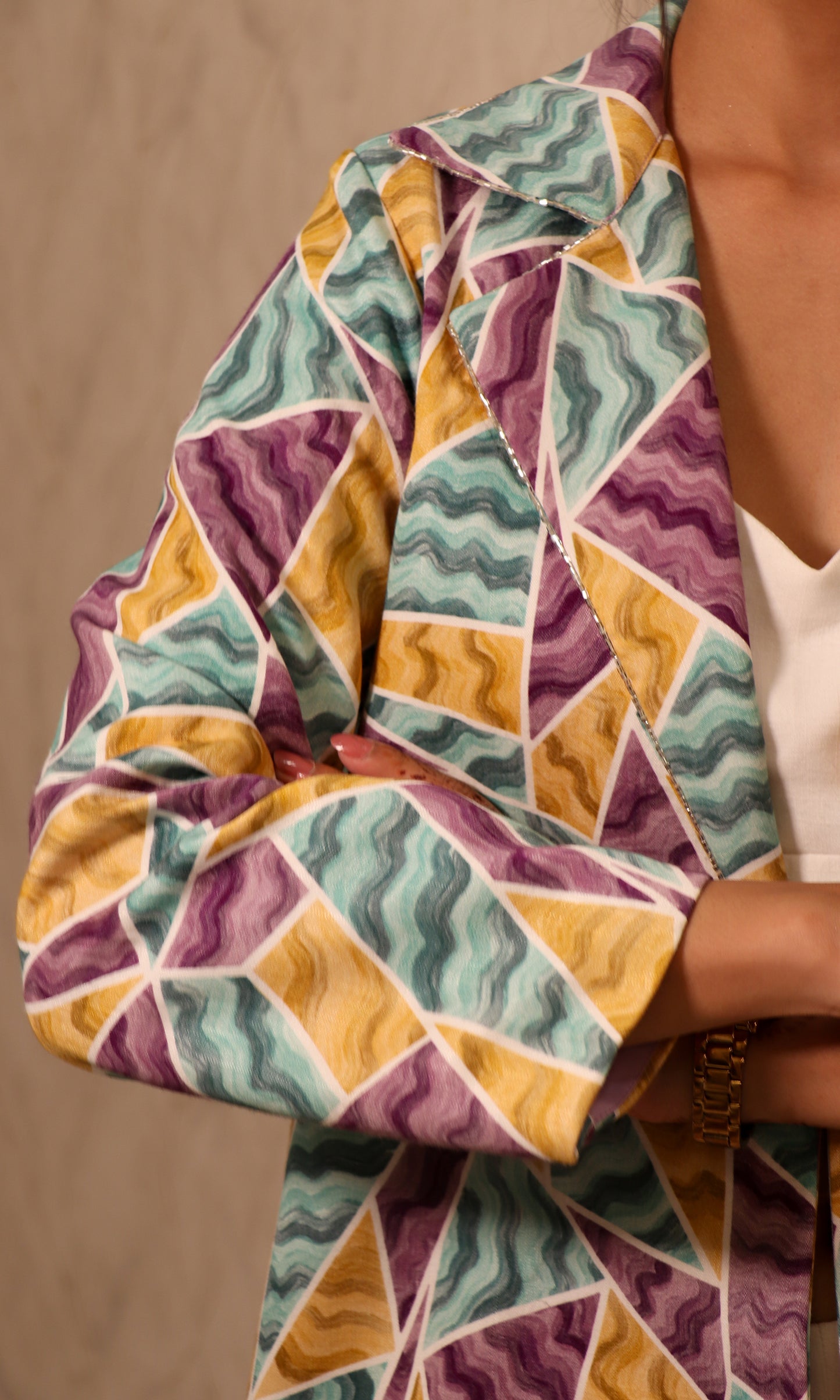 Cassidy: White Co-ord Set with Printed Coat (Set of 3)