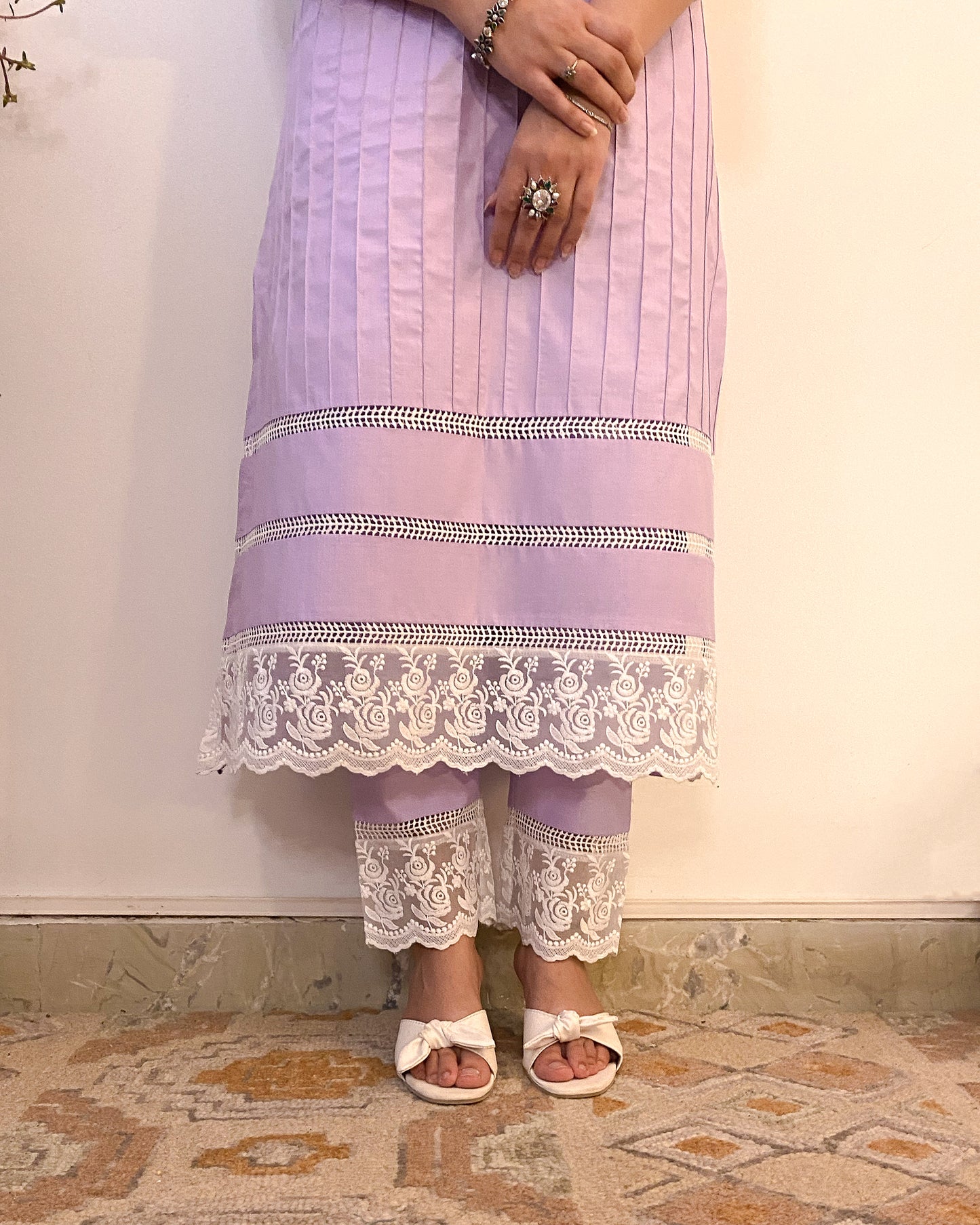 Parinaaz: Pastel Green Cotton Lace Detailed Kurta with Pants (Set of 2)