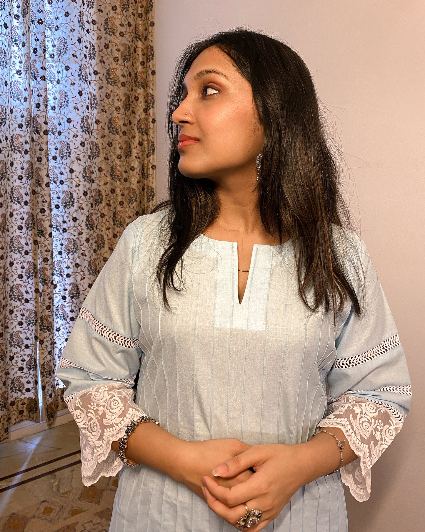 Parinaaz: Pastel Green Cotton Lace Detailed Kurta with Pants (Set of 2)