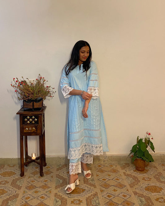 Parinaaz: Powder Blue Cotton Lace Detailed Kurta with Pants (Set of 2)