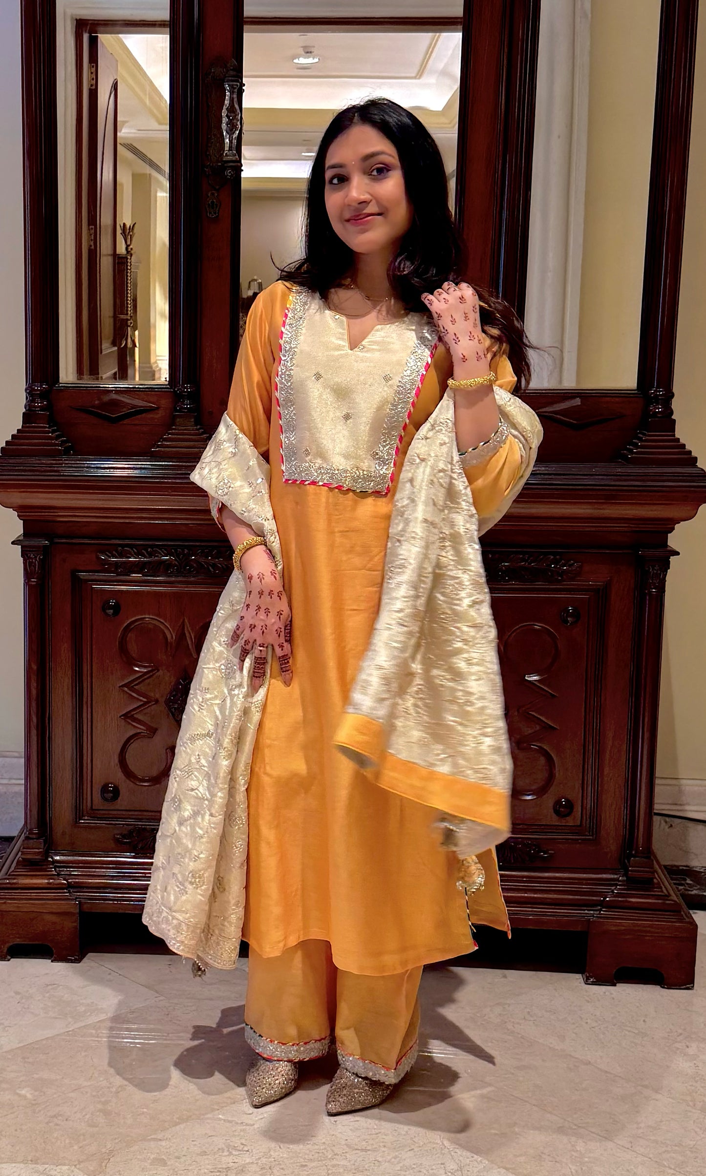 Tahira: Mustard and Cream Chanderi Kurta with Pants and Dupatta (Set of 3)