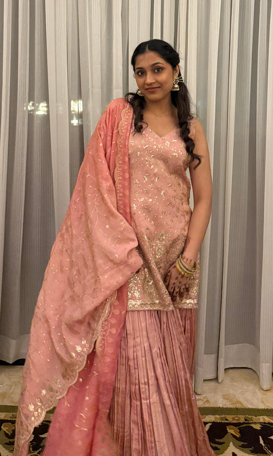 Noor: Tissue Embroidered Kurta with Crinkled Sharara and Dupatta