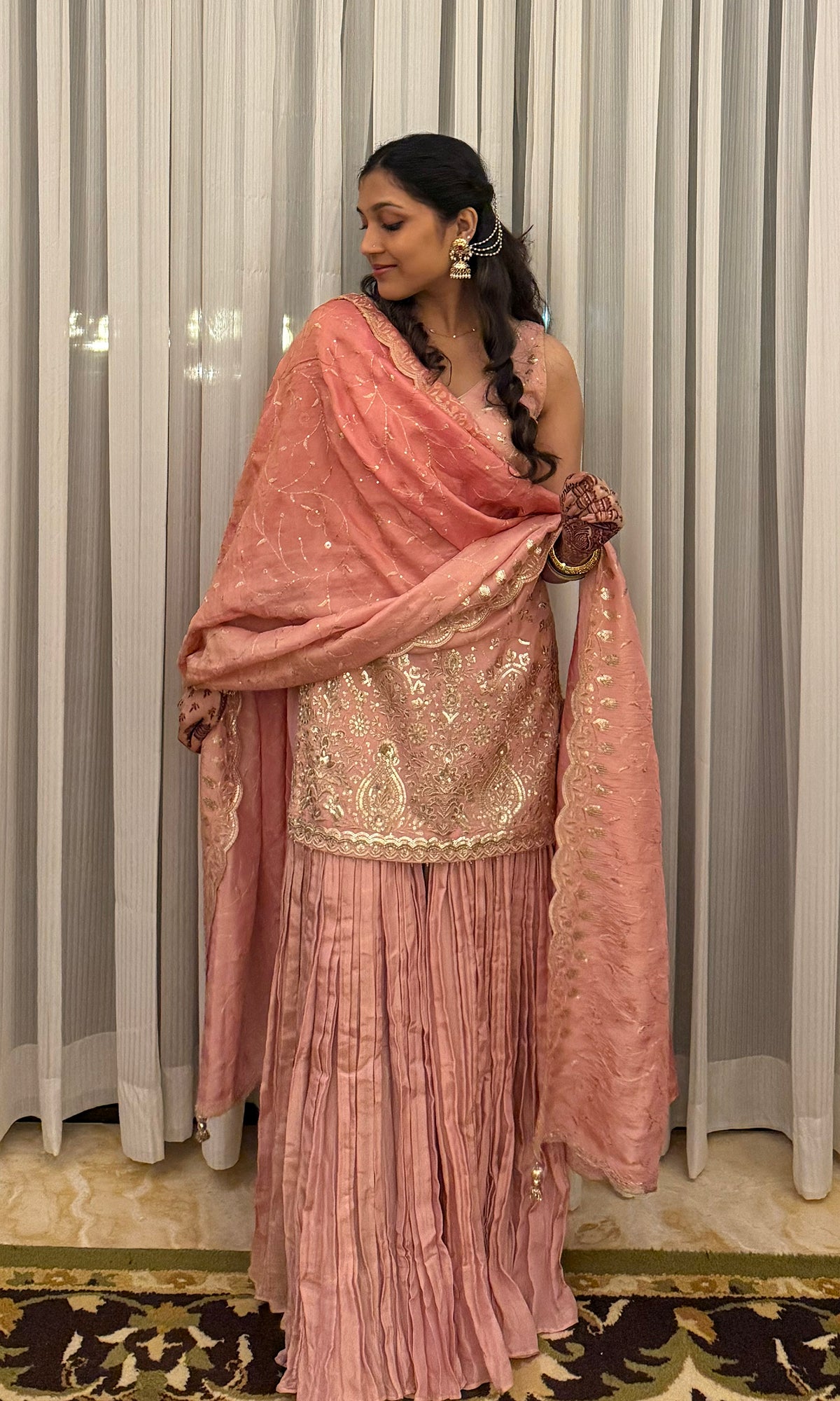 Noor: Tissue Embroidered Kurta with Crinkled Sharara and Dupatta