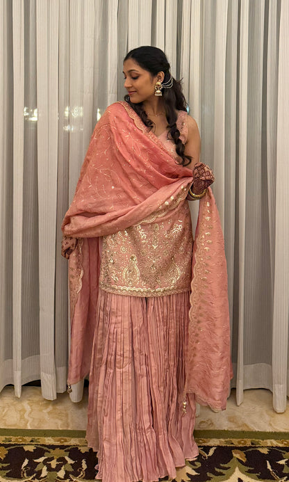 Noor: Tissue Embroidered Kurta with Crinkled Sharara and Dupatta