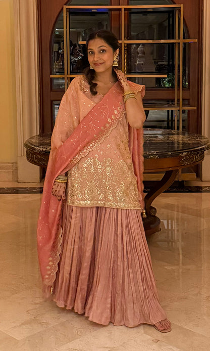 Noor: Tissue Embroidered Kurta with Crinkled Sharara and Dupatta