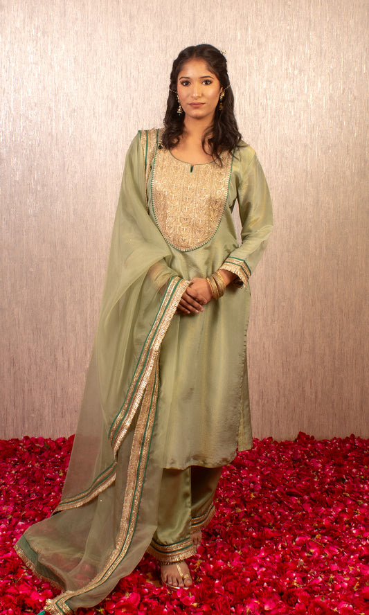 Afsana: Green Embroidered Tissue Kurta with Pants and Dupatta (Set of 3)