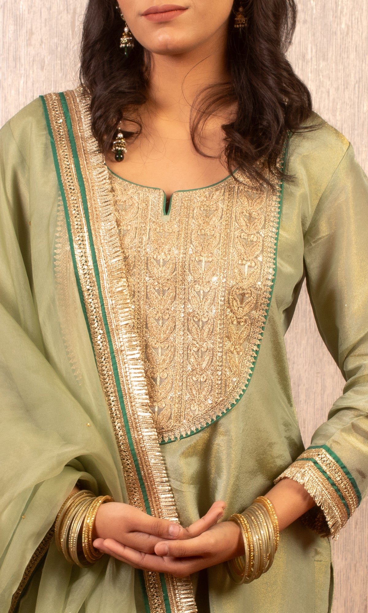 Afsana: Green Embroidered Tissue Kurta with Pants and Dupatta (Set of 3)