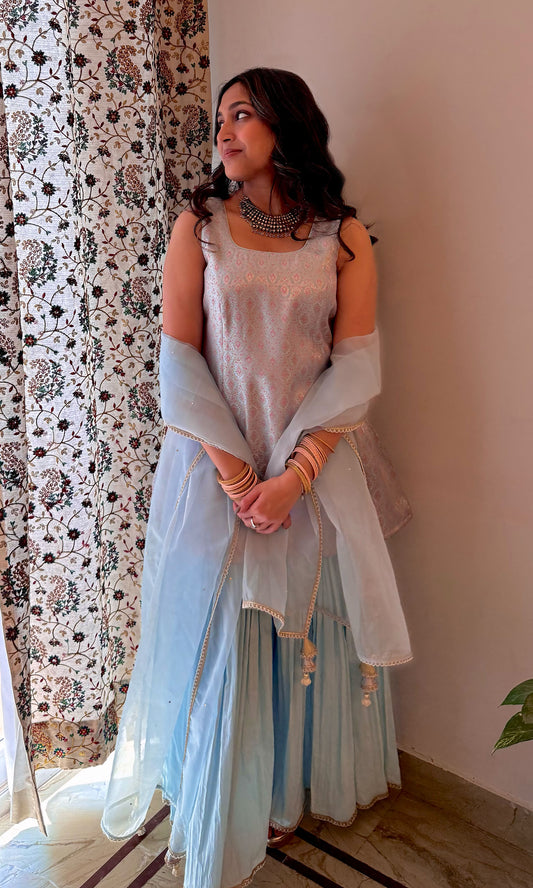 Zara: Powder Blue Brocade and Chanderi Kurta with Sharara and Dupatta (Set of 3)
