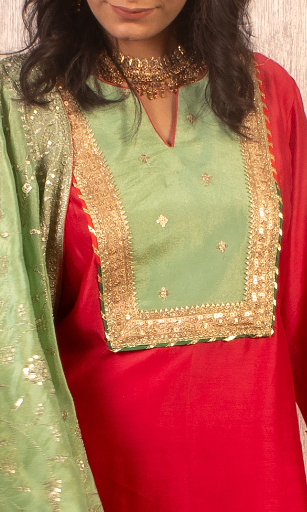 Tahira: Red and Green Chanderi Kurta with Pants and Dupatta (Set of 3)