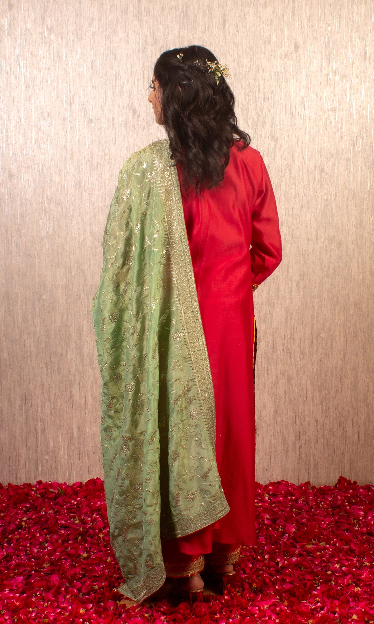 Tahira: Mustard and Cream Chanderi Kurta with Pants and Dupatta (Set of 3)