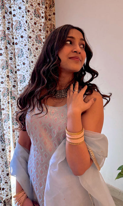 Zara: Powder Blue Brocade and Chanderi Kurta with Sharara and Dupatta (Set of 3)