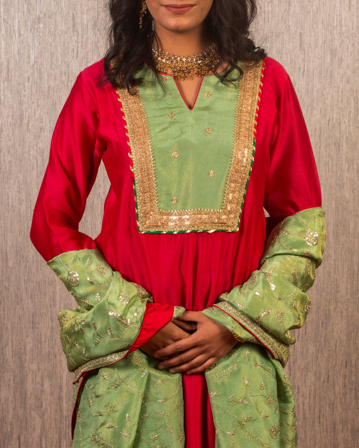 Tahira: Mustard and Cream Chanderi Kurta with Pants and Dupatta (Set of 3)