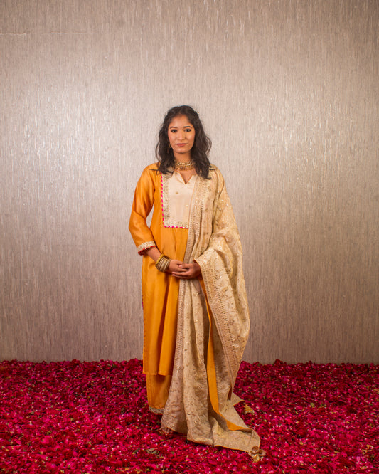 Tahira: Mustard and Cream Chanderi Kurta with Pants and Dupatta (Set of 3)