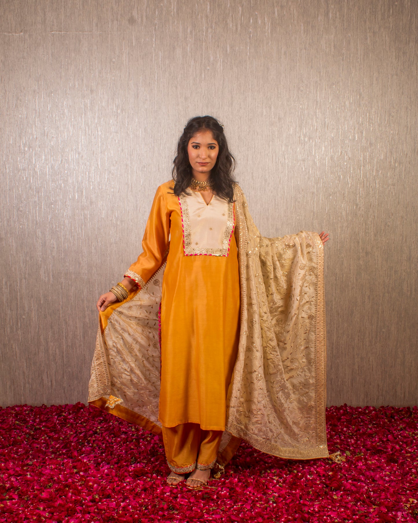 Tahira: Mustard and Cream Chanderi Kurta with Pants and Dupatta (Set of 3)