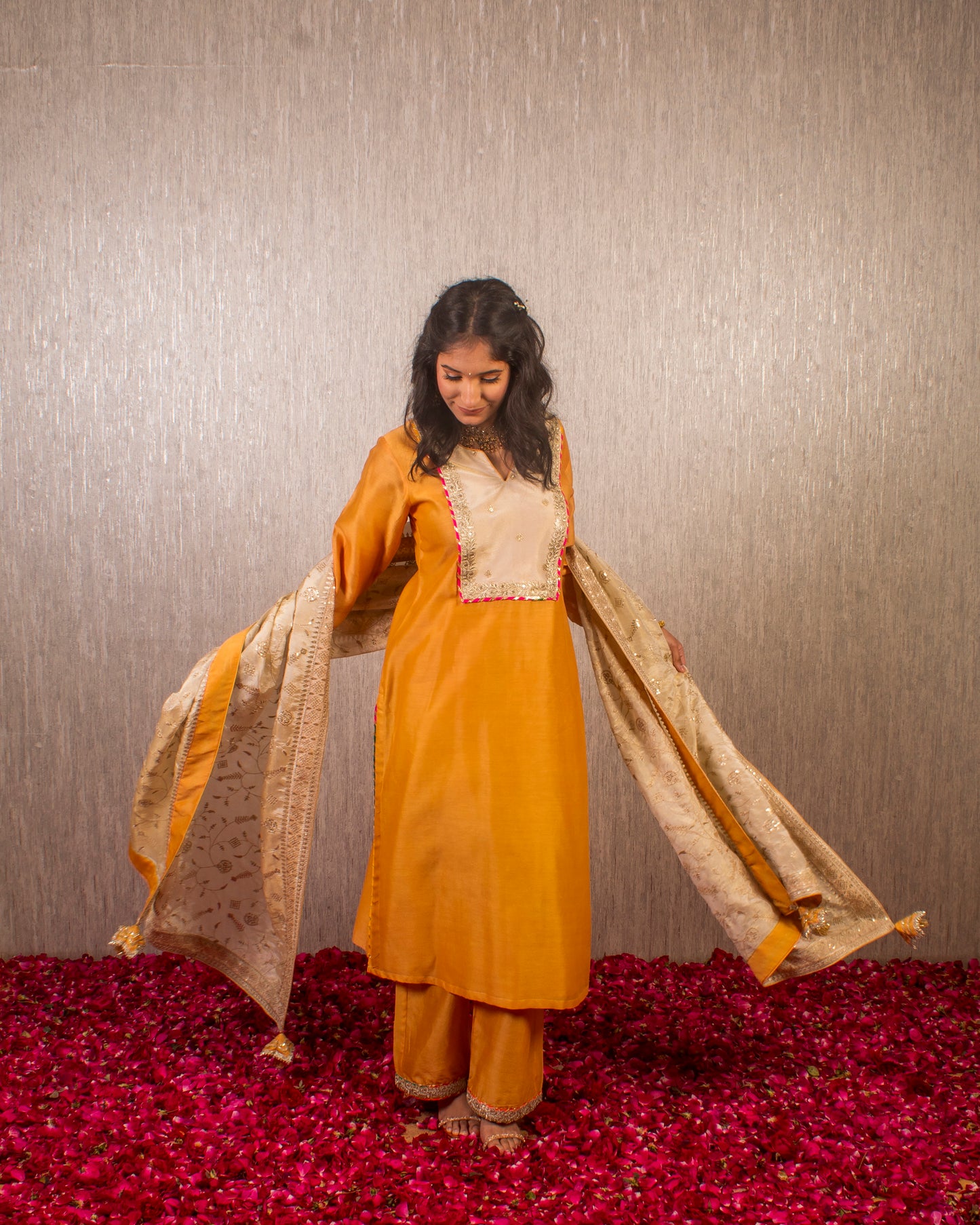 Tahira: Mustard and Cream Chanderi Kurta with Pants and Dupatta (Set of 3)