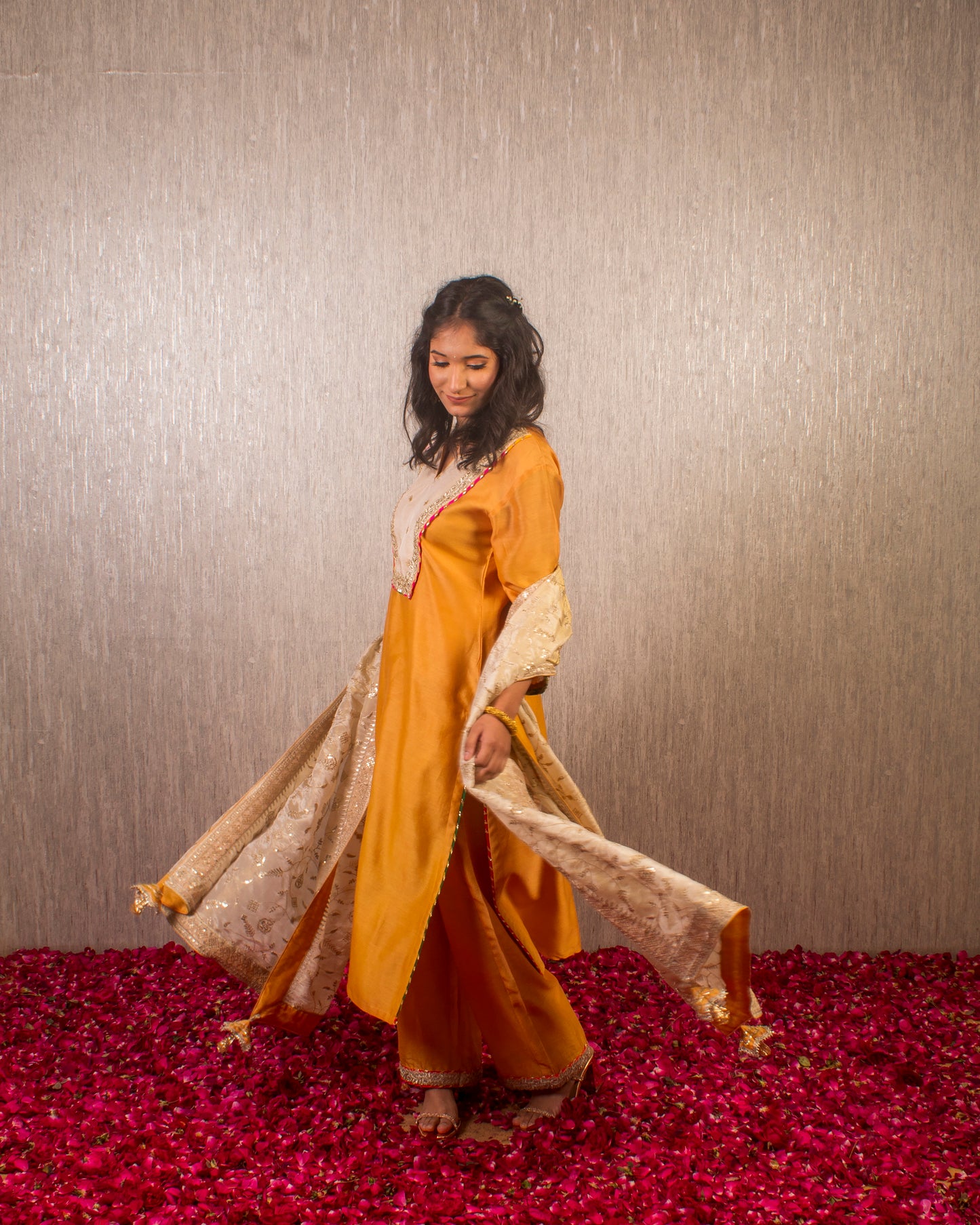 Tahira: Mustard and Cream Chanderi Kurta with Pants and Dupatta (Set of 3)