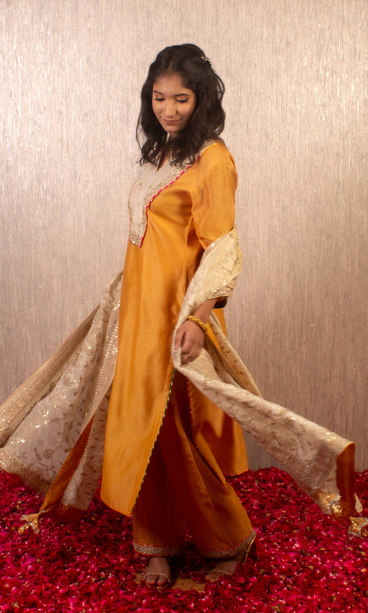 Tahira: Mustard and Cream Chanderi Kurta with Pants and Dupatta (Set of 3)