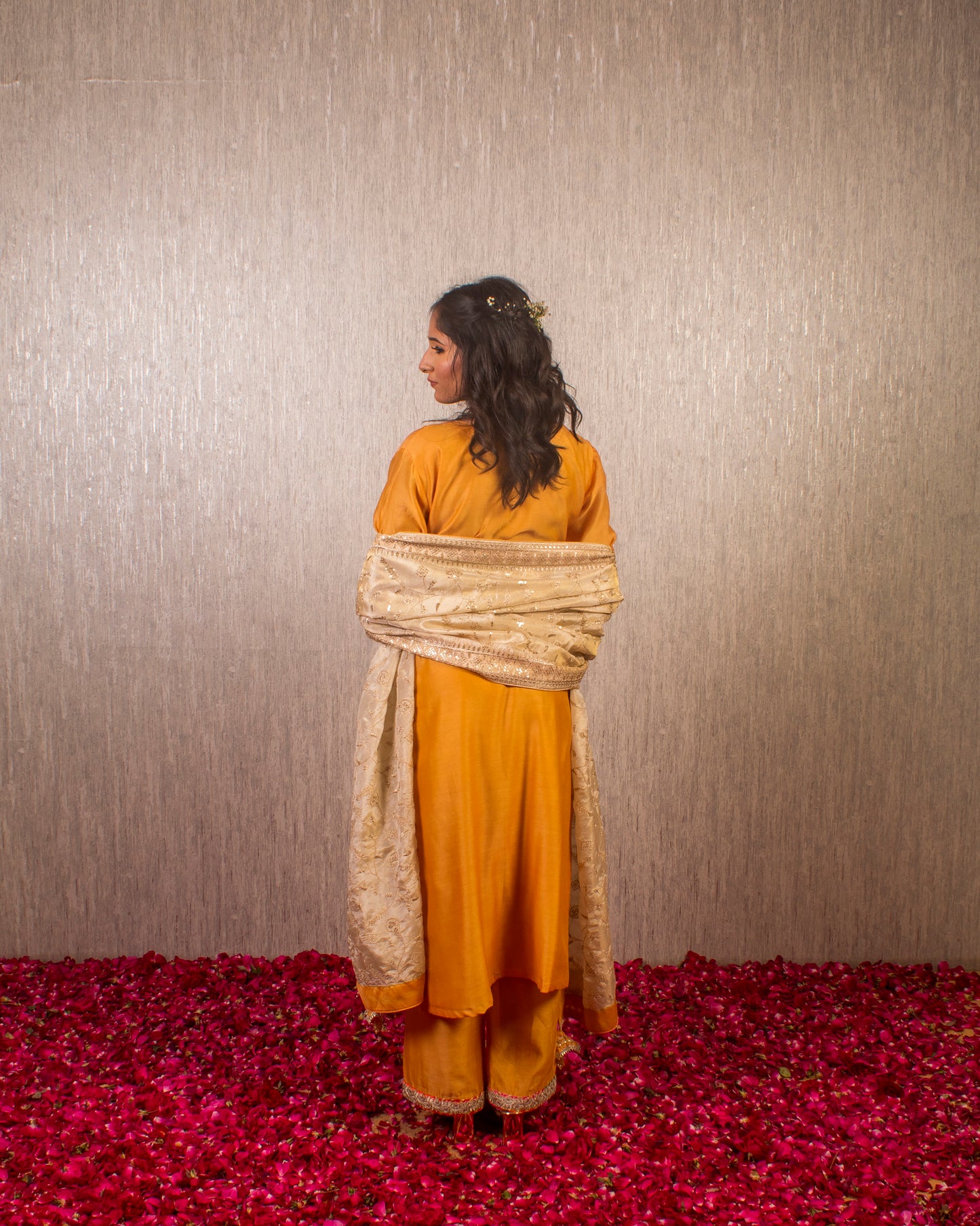 Tahira: Mustard and Cream Chanderi Kurta with Pants and Dupatta (Set of 3)