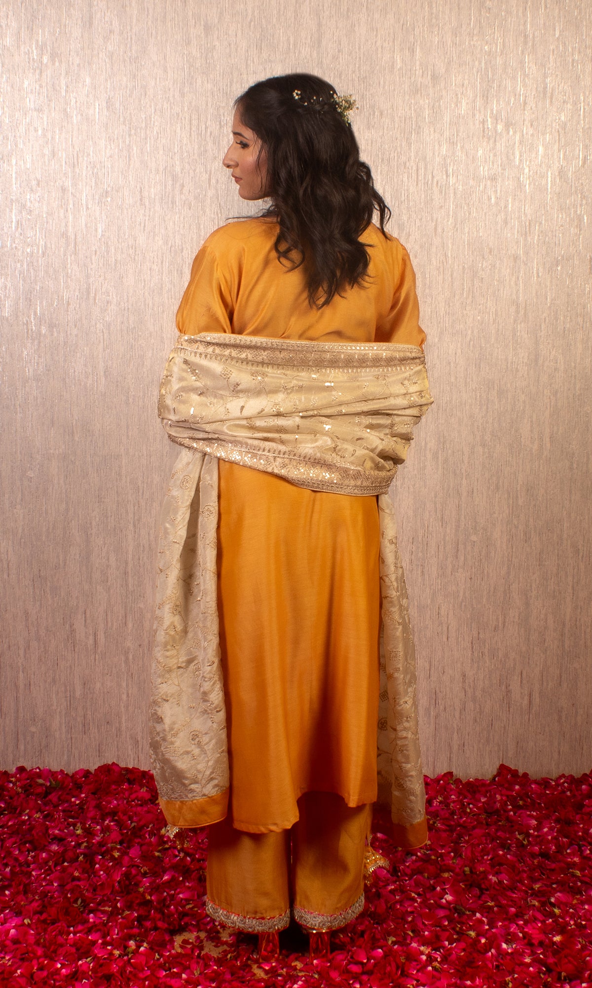 Tahira: Mustard and Cream Chanderi Kurta with Pants and Dupatta (Set of 3)