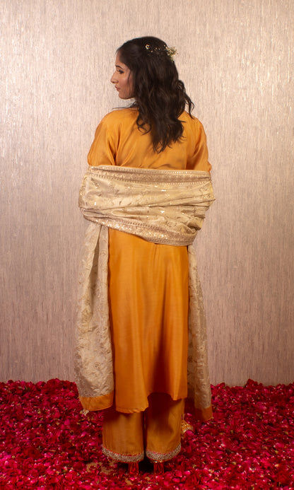 Tahira: Mustard and Cream Chanderi Kurta with Pants and Dupatta (Set of 3)