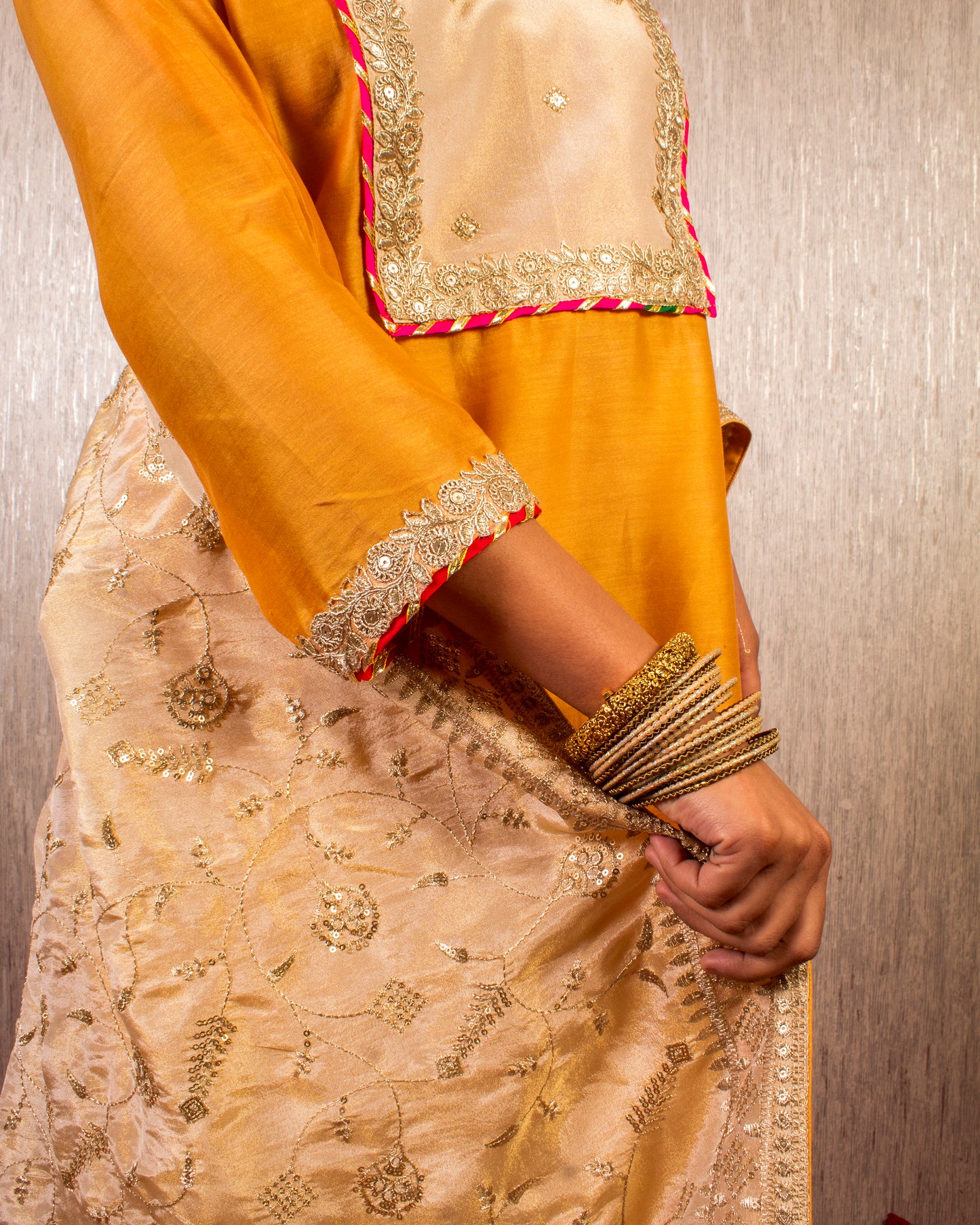 Tahira: Mustard and Cream Chanderi Kurta with Pants and Dupatta (Set of 3)