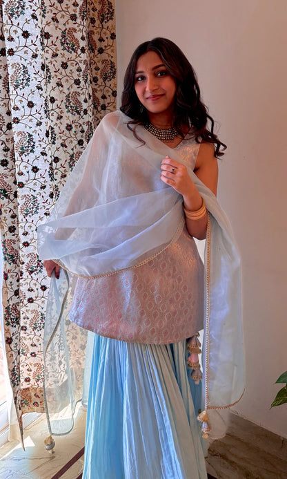 Zara: Powder Blue Brocade and Chanderi Kurta with Sharara and Dupatta (Set of 3)