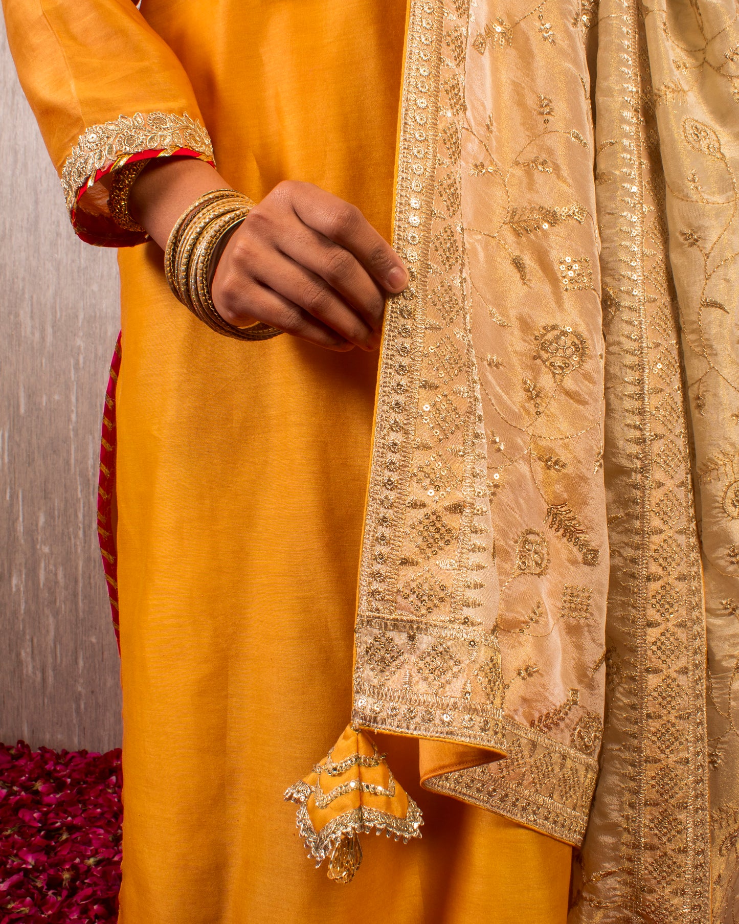 Tahira: Mustard and Cream Chanderi Kurta with Pants and Dupatta (Set of 3)