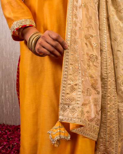 Tahira: Mustard and Cream Chanderi Kurta with Pants and Dupatta (Set of 3)