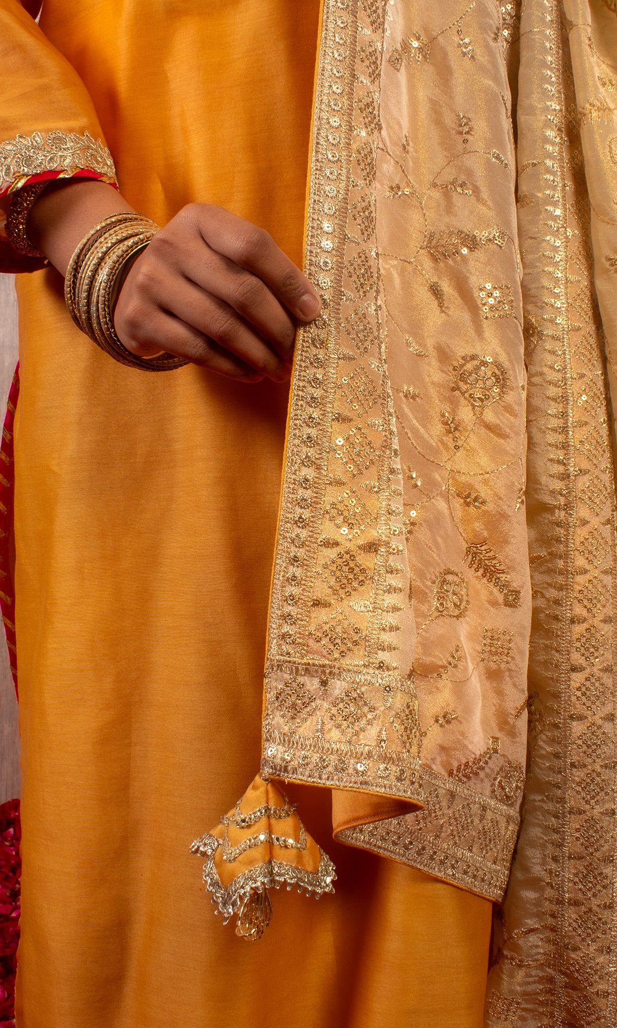 Tahira: Mustard and Cream Chanderi Kurta with Pants and Dupatta (Set of 3)