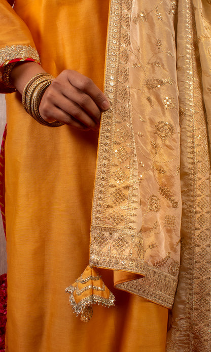 Tahira: Mustard and Cream Chanderi Kurta with Pants and Dupatta (Set of 3)