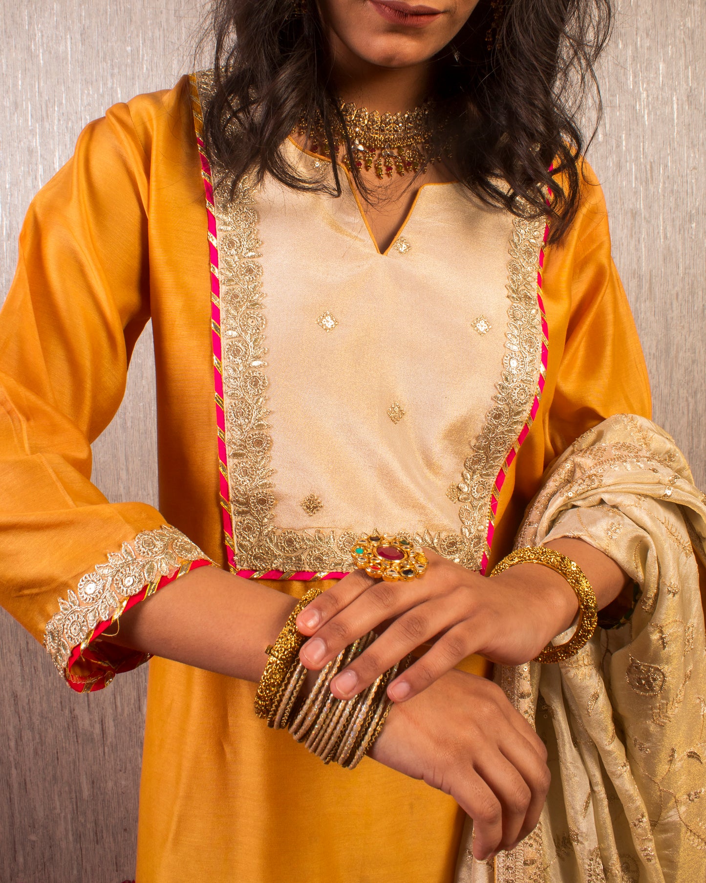 Tahira: Mustard and Cream Chanderi Kurta with Pants and Dupatta (Set of 3)