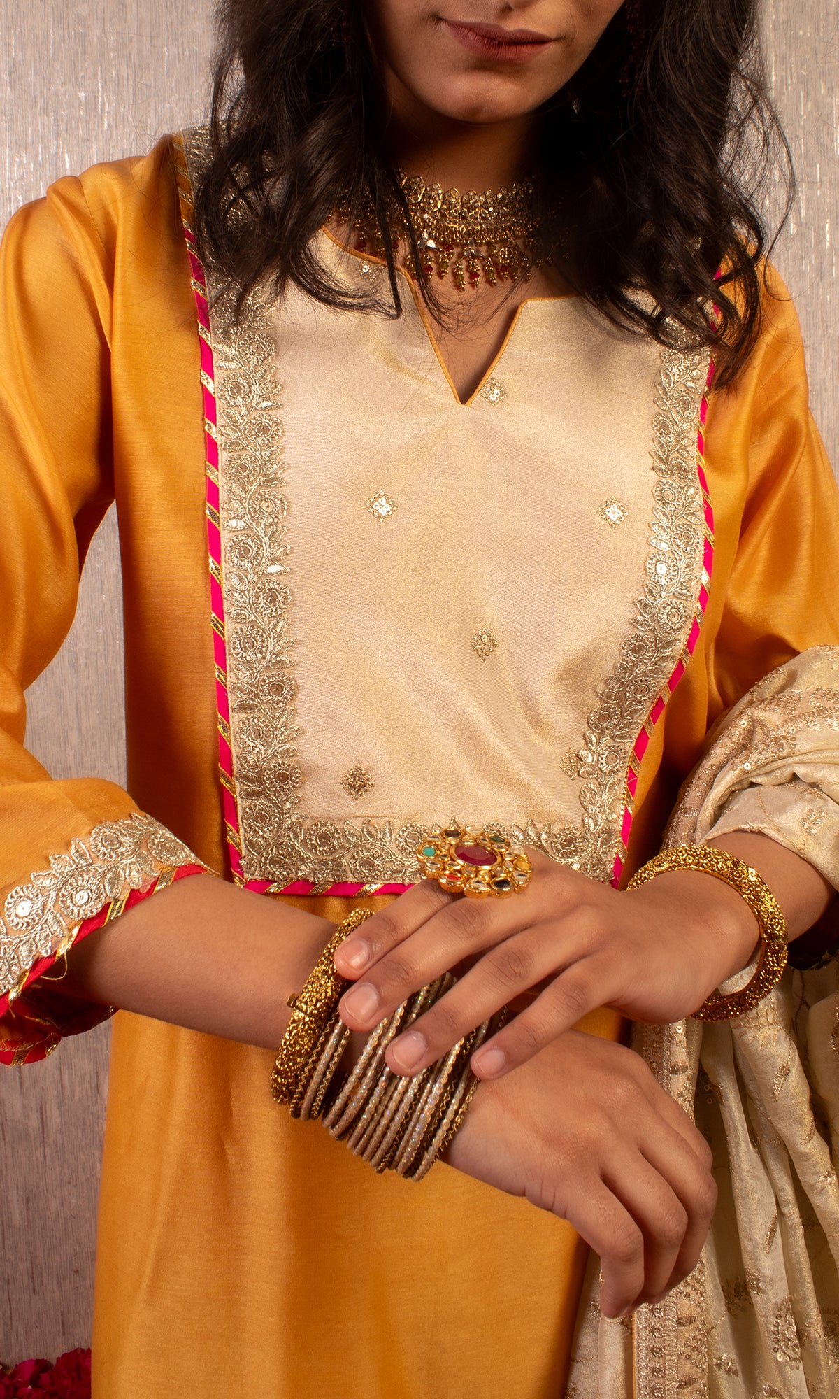 Tahira: Mustard and Cream Chanderi Kurta with Pants and Dupatta (Set of 3)