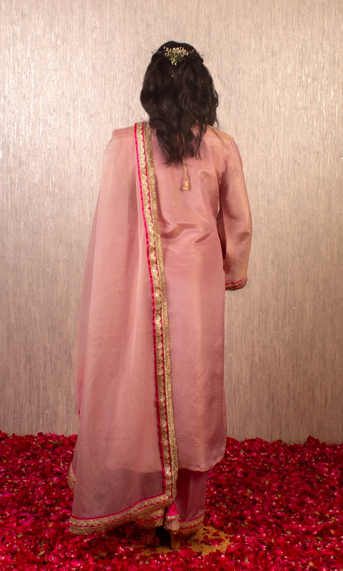Afsana: Pink Embroidered Tissue Kurta with Pants and Dupatta (Set of 3)