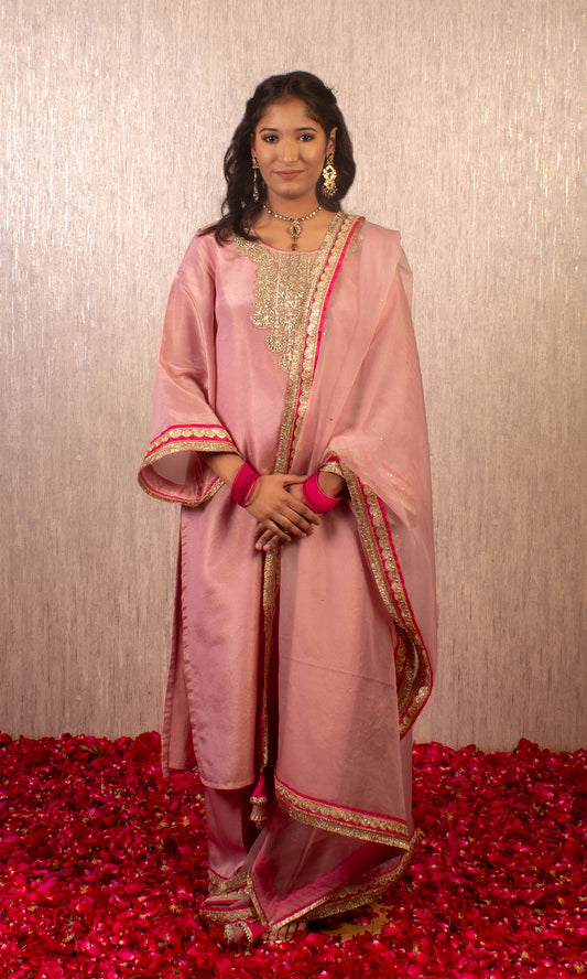 Afsana: Pink Embroidered Tissue Kurta with Pants and Dupatta (Set of 3)