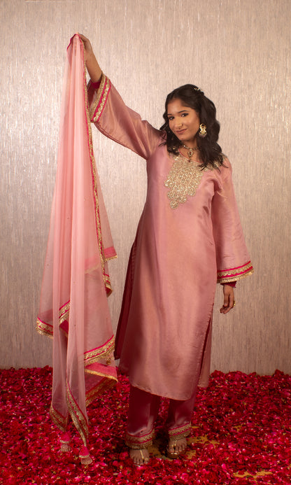 Afsana: Pink Embroidered Tissue Kurta with Pants and Dupatta (Set of 3)