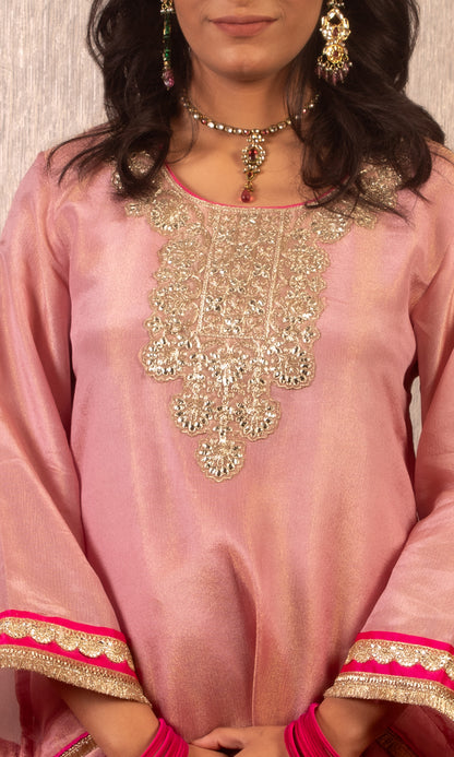 Afsana: Green Embroidered Tissue Kurta with Pants and Dupatta (Set of 3)