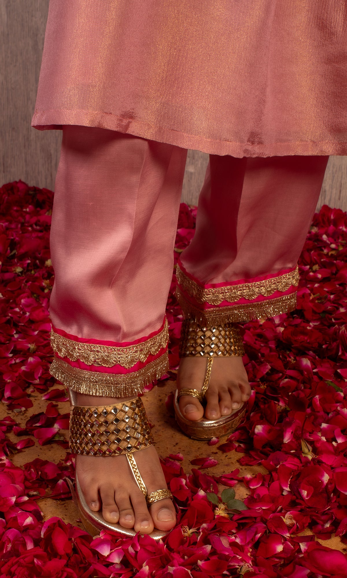 Afsana: Pink Embroidered Tissue Kurta with Pants and Dupatta (Set of 3)