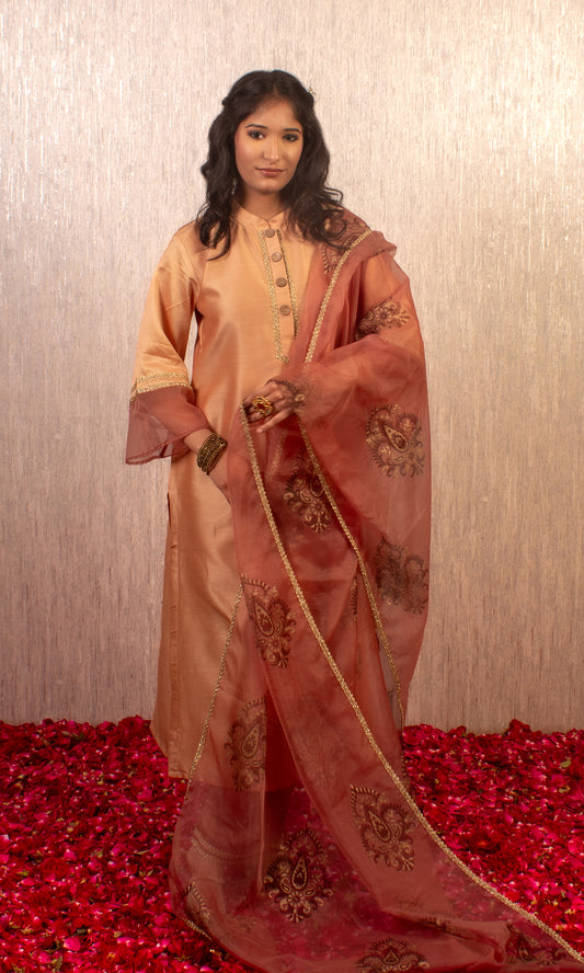 Arzoo: Coral Chanderi Block Printed Kurta with Pants and Dupatta (Set of 3)