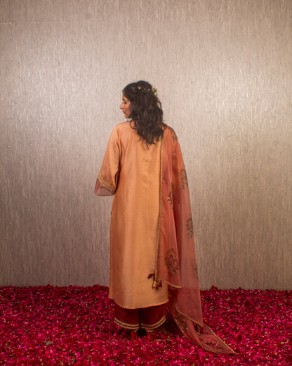 Arzoo: Coral Chanderi Block Printed Kurta with Pants and Dupatta (Set of 3)