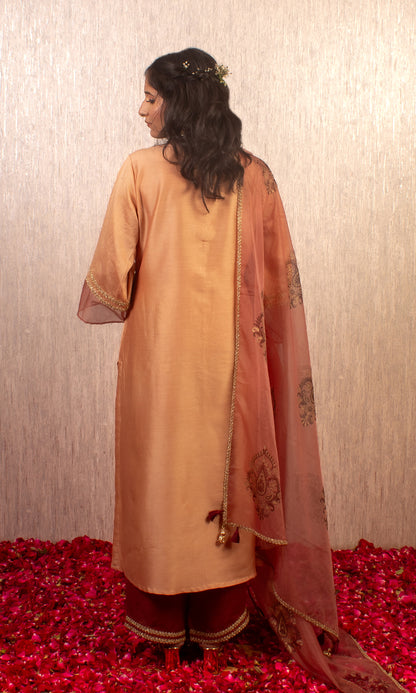 Arzoo: Coral Chanderi Block Printed Kurta with Pants and Dupatta (Set of 3)