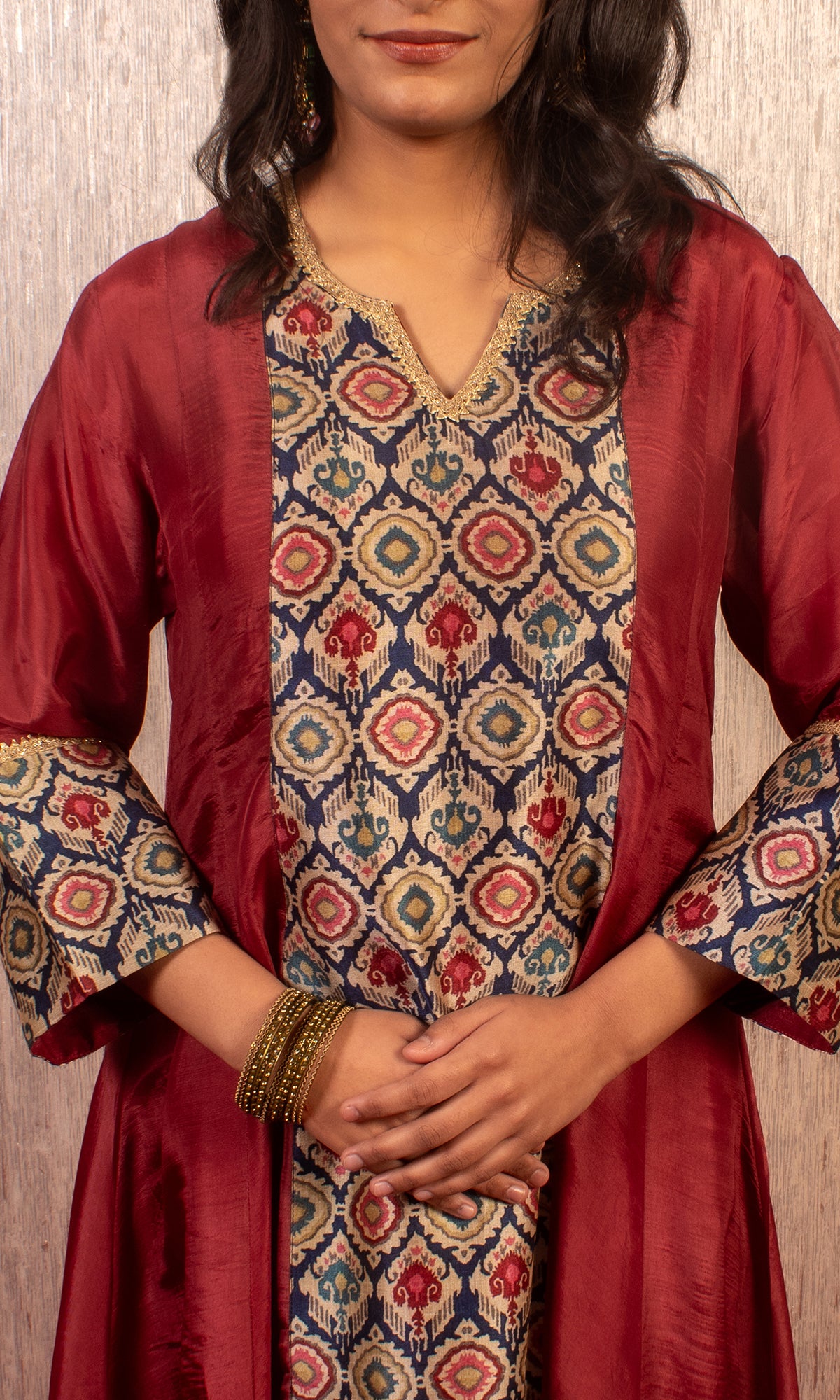 Zeba: Maroon Kalidar Kurta with Pants and Dupatta (Set of 2)