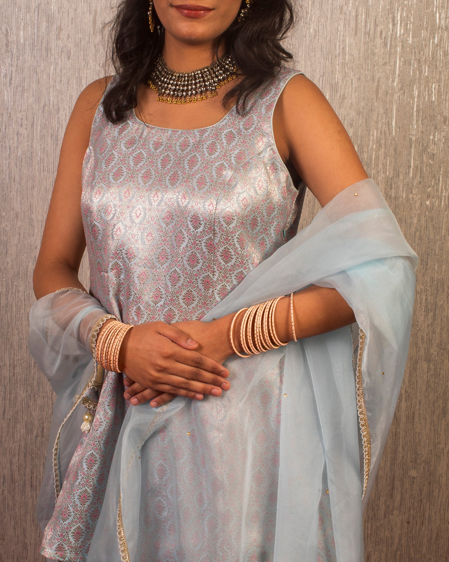 Zara: Powder Blue Brocade and Chanderi Kurta with Sharara and Dupatta (Set of 3)
