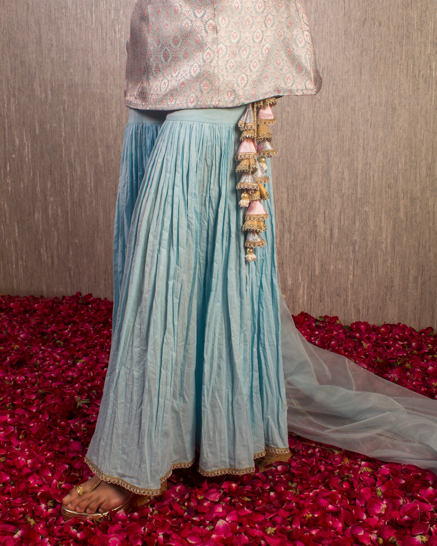 Zara: Powder Blue Brocade and Chanderi Kurta with Sharara and Dupatta (Set of 3)
