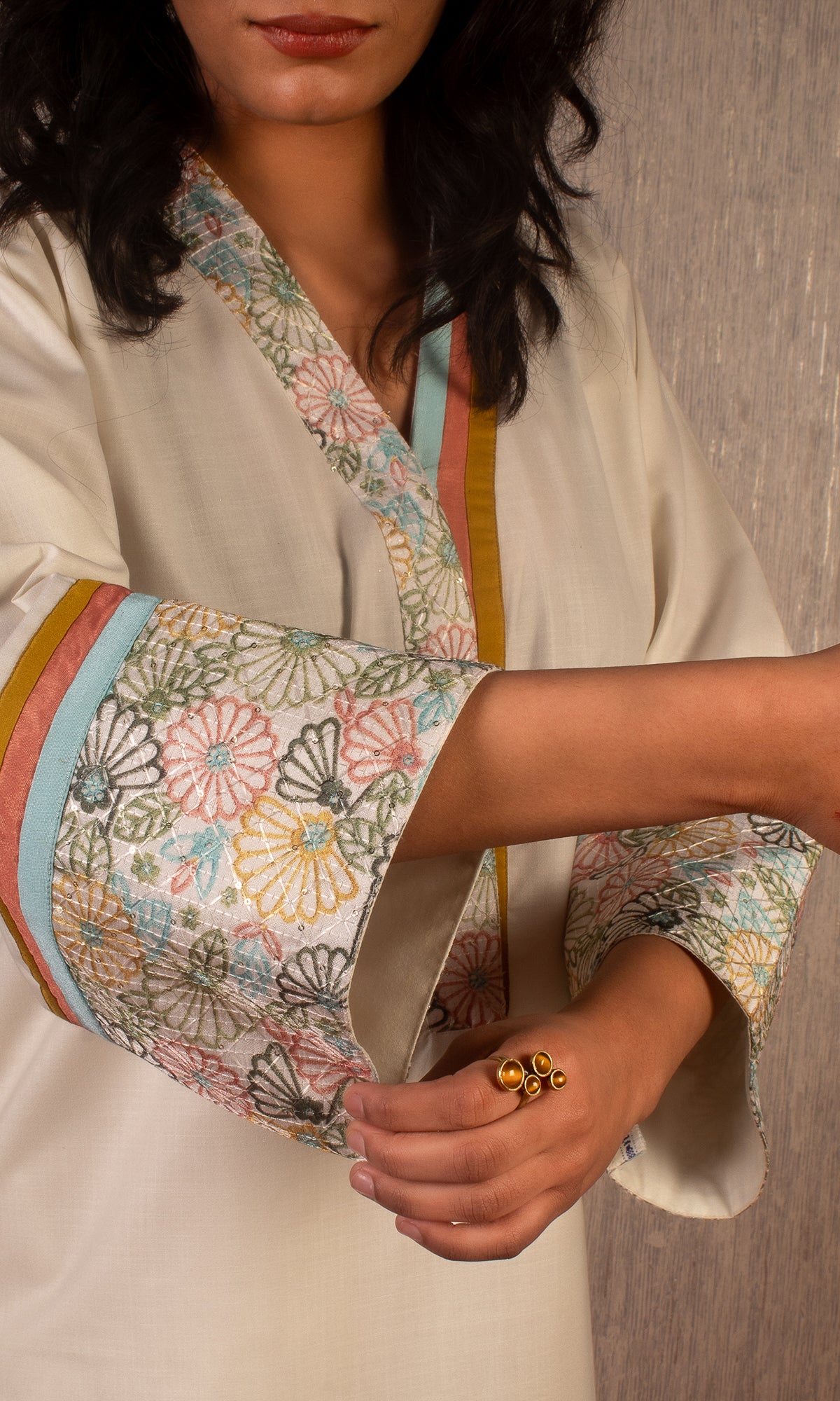 Saher: White Multi-Coloured Patched Cotton Kurta Set (Set of 3)